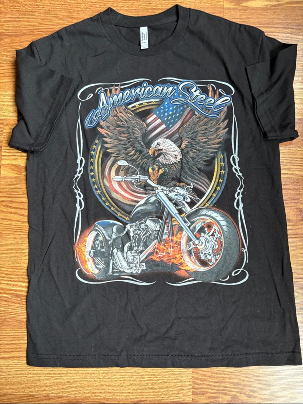 American Apparel Black 'American Steel' Eagle & Motorcycle Graphic Tee